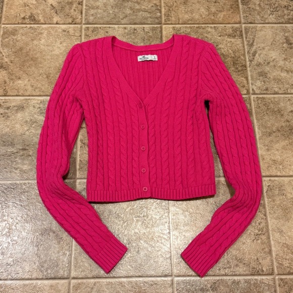 Hollister Sweaters - Hollister Hot Pink Cable Knit Cropped V-Neck Cardigan Sweater Womens Small